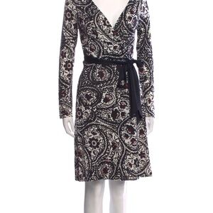 Diane Von Furstenberg Wrap Dress 100% Silk Women  8 black white paisley DvF red